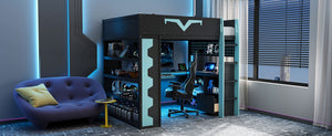English Elm Full Size Gaming Loft Bed with Desk Rgb Lighting Power Outlet and Storage Drawer Blue LT000285AAC