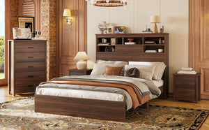 English Elm 4PCS Queen Bedroom Set with Storage Headboard & Built‑In Charging Station, 2 Nightstands, Dresser Walnut 54.25 L x 18.75 W x 9.25 H N733S307937W