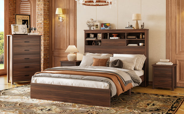 English Elm 4PCS Queen Bedroom Set with Storage Headboard & Built‑In Charging Station, 2 Nightstands, Dresser Walnut 54.25 L x 18.75 W x 9.25 H N733S307937W