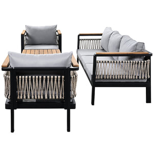 English Elm 4 Pieces Outdoor Sectional Sofa Set with Water-Resistant Cushions, Woven Rope Detail & Acacia Table Grey N719Z000130E