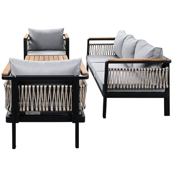 English Elm 4 Pieces Outdoor Sectional Sofa Set with Water-Resistant Cushions, Woven Rope Detail & Acacia Table Grey N719Z000130E