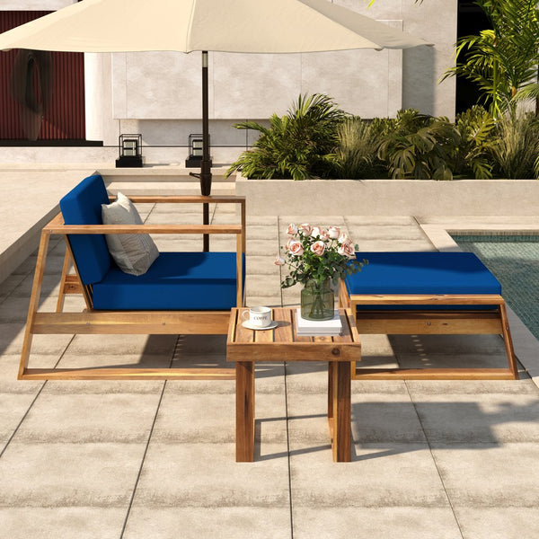 English Elm U_STYLE Acacia Wood Outdoor Lounge Set with Removable Cushions, All-Weather Chaise for Patios Gardens Natural+ Blue WY000431AAC