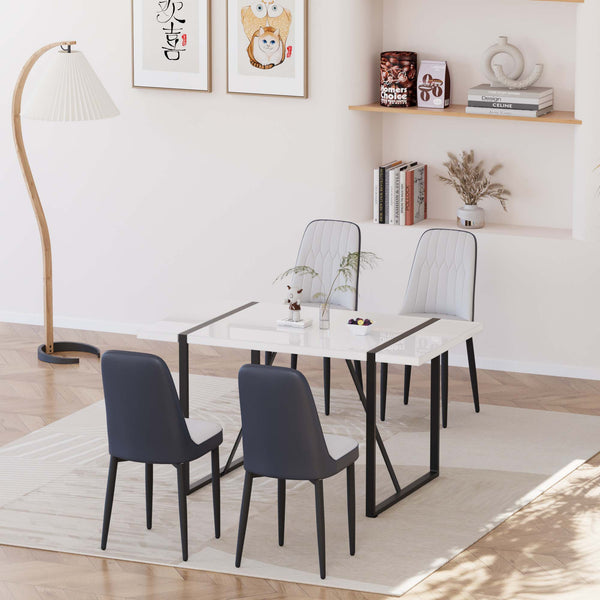English Elm 55 Modern 4-Person MDF Dining Table Set with Sturdy Black Metal Legs and Padded PU Chairs for Families Blue,White W2189S00730