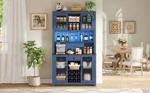 English Elm 70.9" Farmhouse Hutch Pantry with Led Lighting Wine Rack Mesh Doors and Built-in Power Navy Blue CH361426AAL