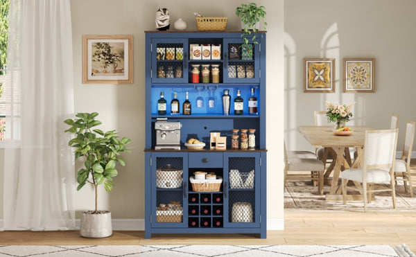 English Elm 70.9" Farmhouse Hutch Pantry with Led Lighting Wine Rack Mesh Doors and Built-in Power Navy Blue CH361426AAL