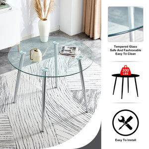 English Elm Table And Chair Set - Modern 38.6" Round Glass Dining Table With 4 Stylish White Pu Chairs, Silver Legs W1151S03822-GIGA