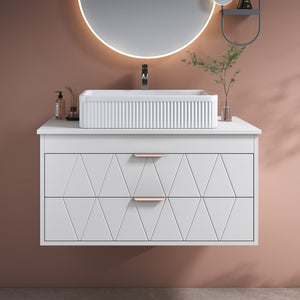 English Elm 31.5" White Modern Bathroom Vanity with Textured Ceramic Vessel Sink, Diamond Drawers, Rose Gold Accents W3136S00025