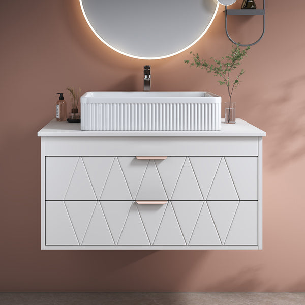 English Elm 31.5" White Modern Bathroom Vanity with Textured Ceramic Vessel Sink, Diamond Drawers, Rose Gold Accents W3136S00025