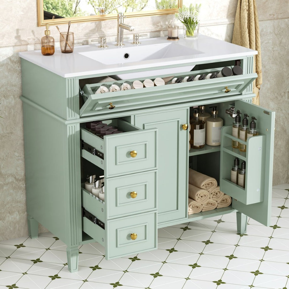 English Elm 36 Inch Freestanding Bathroom Vanity Sage Pine Cabinet Gold Hardware Ceramic Sink Green N725P366468G