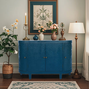 English Elm 47''Oval Handmade Fluted Storage Cabinet with Sliding Shutter Doors, Antique Blue Green Curvy Credenza W2295P290657