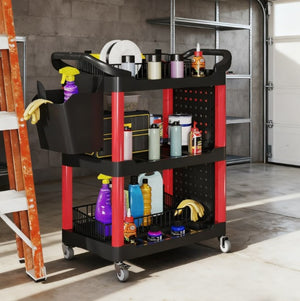 English Elm Capacity 3-tier Rolling Plastic Workshop Cart with Hooks Bucket and Locking Wheels T3971P412601
