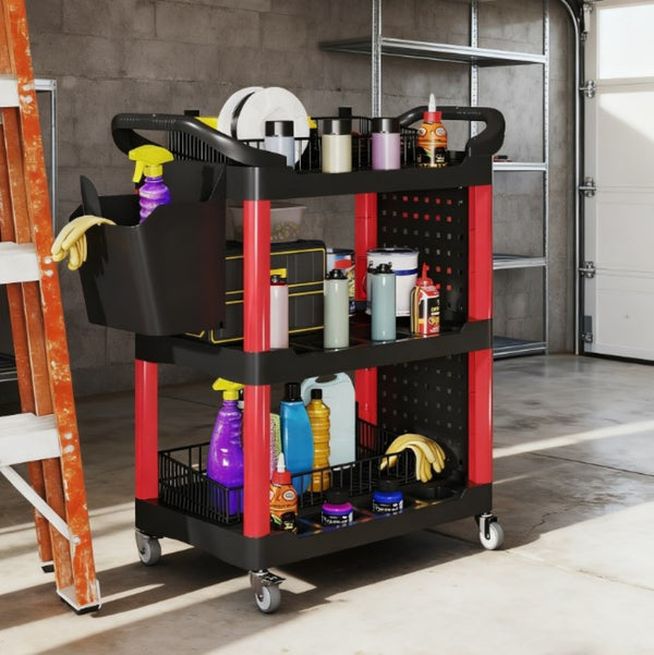 English Elm Capacity 3-tier Rolling Plastic Workshop Cart with Hooks Bucket and Locking Wheels T3971P412601