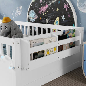 English Elm Twin Montessori Floor Bed Frame with High Rails and Built-In Light Shelf for Safe Independent Sleep White 79.13 L x 13 W x 6.3 H W2593P333565