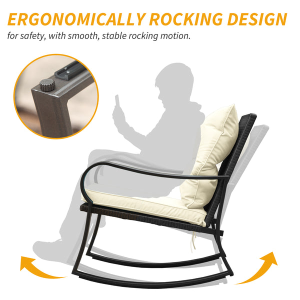 English Elm Metal Outdoor 2-Person Rocking Patio Set with Handwoven Wicker, Plush Cushions & Sturdy Table White W1859P399563