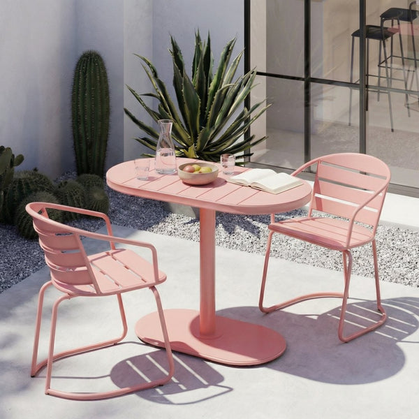 English Elm Santa Monica Outdoor Bistro Set Powder Coated Iron Oval Table Two Slat Chairs Patio Coral 62015.00CRL