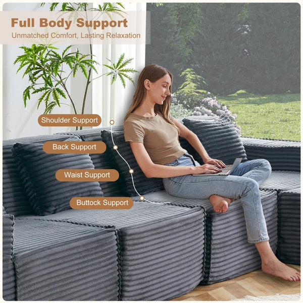 English Elm L-shaped Modular Sectional with Ottoman Corduroy Upholstery Four Seat Living Room Sofa Dark Gray W2699S00092