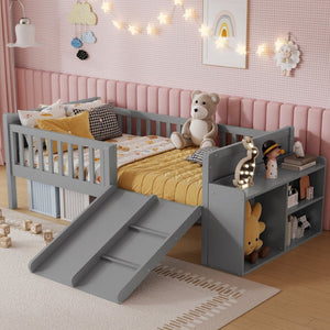 English Elm Twin Low Loft Bed for Kids with Slide Climbing Structure and Movable Bookshelf W2593P457237