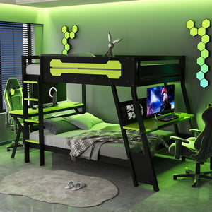 English Elm Full Size Gaming Bunk Bed with Dual Desks Usb Charging Ports and Pegboard Storage Green LT000274AAG