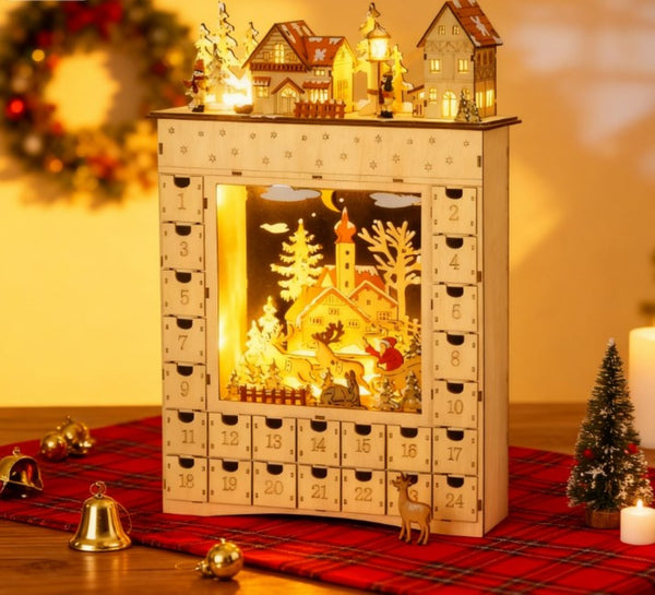 English Elm Christmas Advent Calendar Mdf Village Scene with 24 Drawers and Led Glow Mantle Decor T3971P414398