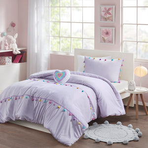 JLA Home Mi Zone Kids - Tassel Hypoallergenic Comforter Set with Embroidered Heart Pillow, OEKO-TEX Antimicrobial, Kid-Friendly Decor Lavender MZK10-274