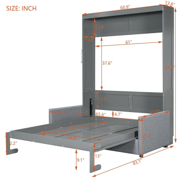 English Elm Full Size Murphy Wall Bed with Integrated Linen Sofa for Studio or Guest Room Gray LP000890AAE-1