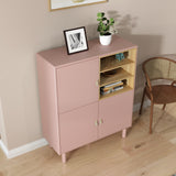 Hearth and Haven Hike Cabinet with 3 Open Storages, 3 Doors and Leather Handles, Pink W1781P148613