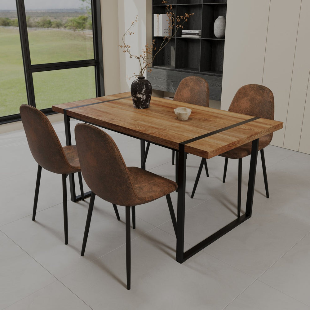 English Elm 59" Natural Wood Dining Table Set With 3 Modern Suede Chairs - Industrial Farmhouse Style, Durable Design W2189S00625
