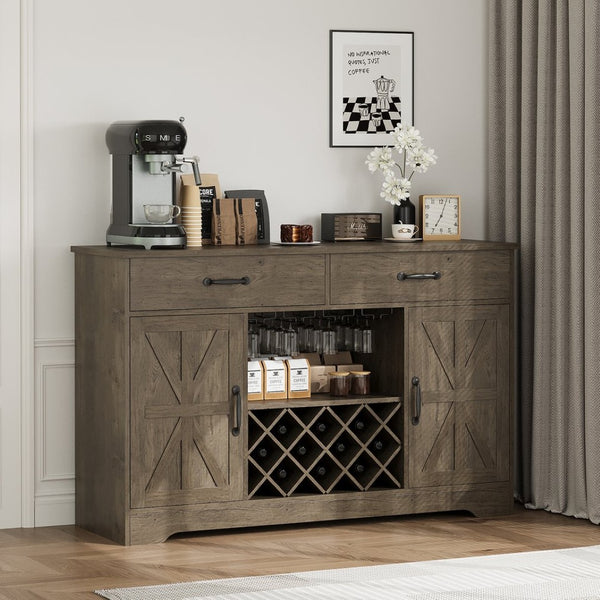 English Elm Coffee Bar Buffet Sideboard with Wine Rack Stemware Holder and Drawers in Oak Gray T3773P417369