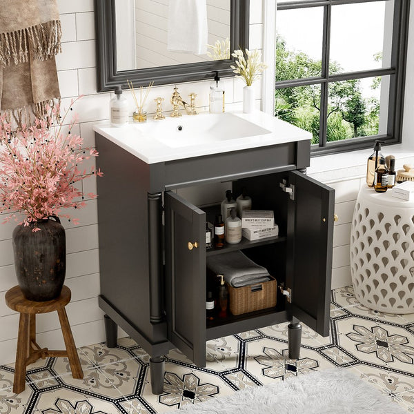 English Elm 24'' Modern Bathroom Vanity with Ceramic Basin, Solid Wood Frame, Soft-Close Doors, Ample Storage Black N710P190503B
