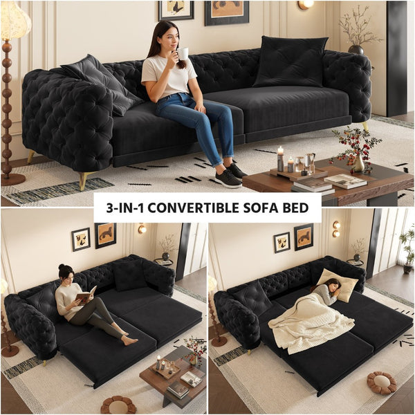 English Elm 97.6" Oversized Velvet Chesterfield Sleeper Sofa Floral Tufted Roll Arm Living Room Couch Black W1885S00410