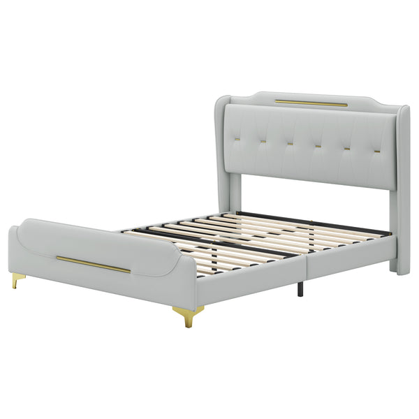 English Elm Christopher Knight Home® - Queen PU Leather Bed with Wingback Headboard & Footboard, Gold Accent Platform, 12 Slats, Sturdy Support Grey 64 L x 21 W x 9.25 H N761P205938H