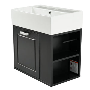 English Elm Christopher Knight Home® - 21.8" Wall-Mounted Bathroom Vanity with Ceramic Sink, Soft-Close Drawer, Adjustable Shelves & Tissue Holder Black N759P292550B