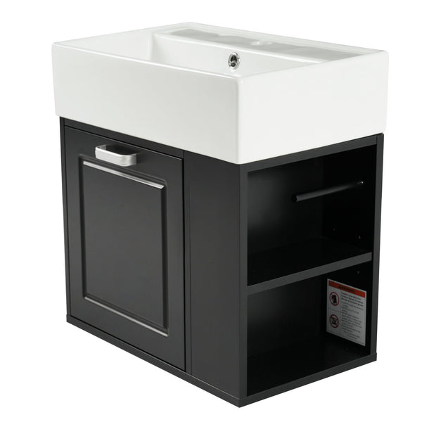 English Elm Christopher Knight Home® - 21.8" Wall-Mounted Bathroom Vanity with Ceramic Sink, Soft-Close Drawer, Adjustable Shelves & Tissue Holder Black N759P292550B