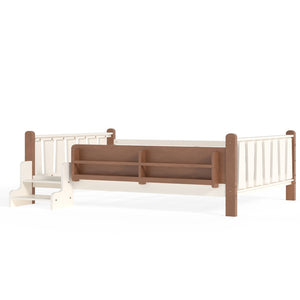 English Elm Twin Pine Floor Bed for Kids with Side Bookcases Built-in Stairs and Safety Guardrails Beige W1580P390220