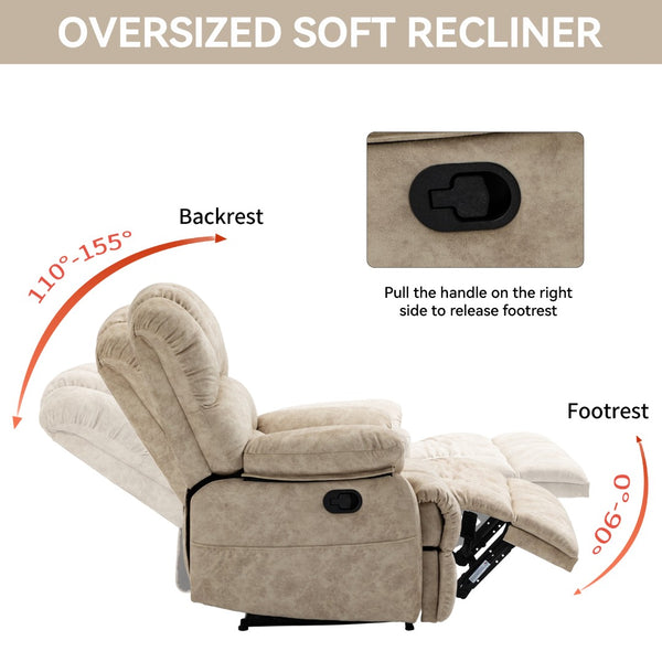 English Elm Large Oversized Manual Recliner Upholstered in Neutral Fabric for Relaxing Living Rooms Beige W3224P288517
