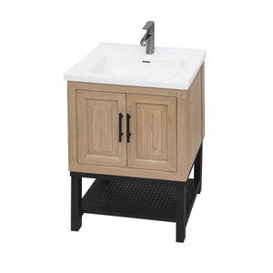 English Elm 24" Bathroom Vanity with Smooth White Ceramic Sink, Durable Metal Hinges, Adjustable Feet, Sleek Faucet & Open Iron Shelf Natural W688P224403