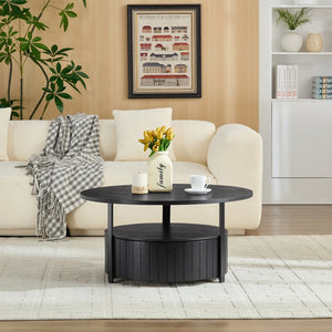 English Elm Round Storage Coffee Table with Drawer Ash Wood Grain Matte Finish Modern Living Room Black W2085P384595