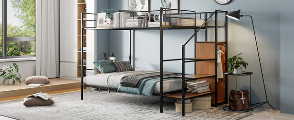 English Elm Twin Over Full Metal Bunk Bed with Trundle, Step Ladder Storage, Wardrobe & Wire Shelving, Durable Frame Black SF000172AAB