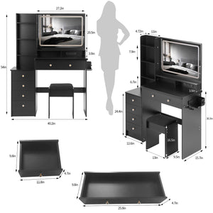 English Elm 41" Large Vanity Table Set With Cushioned Stool, Led Touch Mirror, Power Station & Dryer Stand W936P230831