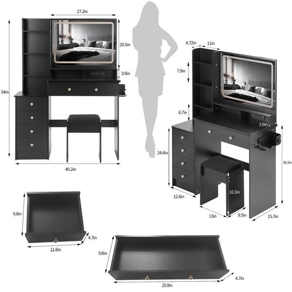 English Elm 41" Large Vanity Table Set With Cushioned Stool, Led Touch Mirror, Power Station & Dryer Stand W936P230831