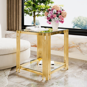 English Elm Modern Round Mirrored Glass End Table with Gold Metal Frame and Lower Display Shelf Transparent N735P380093K