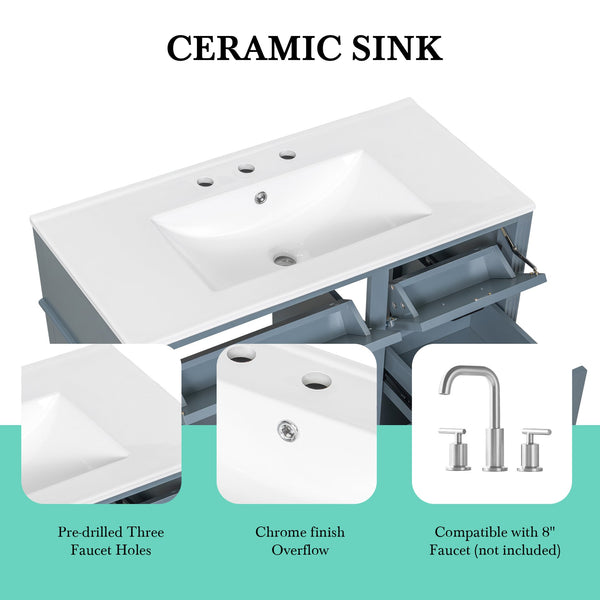 English Elm 36-Inch Modern Bathroom Vanity With Ceramic Sink Top, Storage Drawers, And Stylish Blue Gray Finish N725P350849E