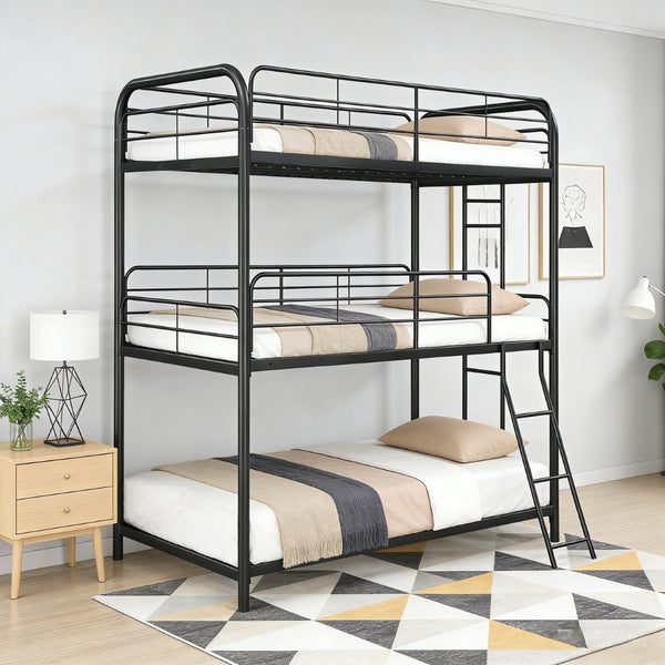 English Elm Furniture Steel Triple Bunk Bed with Staircase Three Twin Tiers for Kids Rooms W311S00036