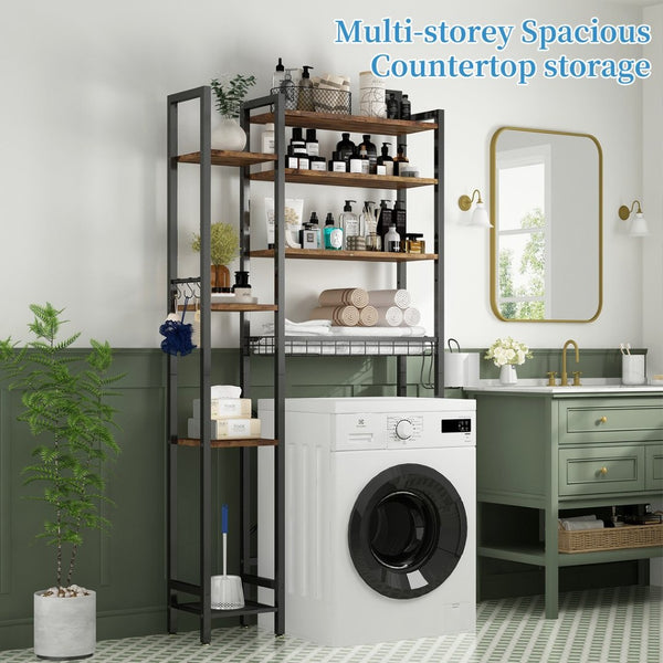 English Elm 8-tier Freestanding Over Toilet Organizer with Side Racks and Drain Basket Vintage Brown W2641P418457