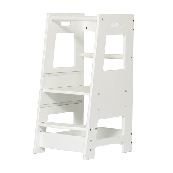 English Elm Toddler Adjustable Learning Tower with 4-Sided Safety Rail, 3 Heights, Anti-Slip Stable Step Stool White W2701P207516