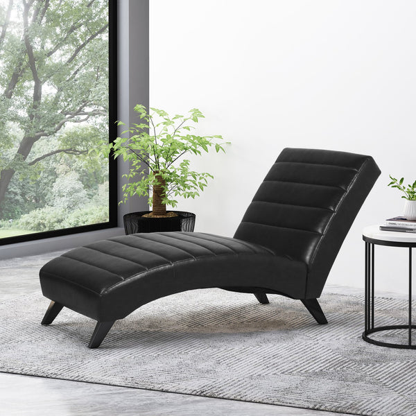 English Elm Christopher Knight Home® - FINLAY Curved PU Chaise Lounge with Birch Legs — Ergonomic Faux Leather Seat for Modern Comfort and Style Black 43.5 L x 26.5 W x 14.5 H 70507.00MDNT