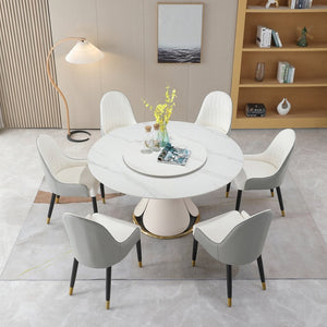 English Elm Round Sintered Stone Dining Set Sculptural Petal Base Six Pu Leather Chairs Modern W509S00181