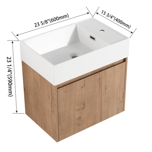 English Elm 24 Inch Bathroom Cabinet Resin Sink Vanity with Soft-Close Doors, Beveled Handle, Water-Resistant Finish Imitative Oak W999P228748