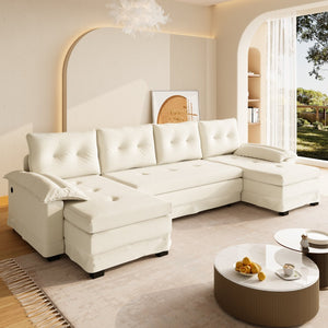 English Elm 109.5" Oversized U-shaped Sectional Sleeper Chenille Modular Sofa with Usb Ports Beige+White W1885S00438