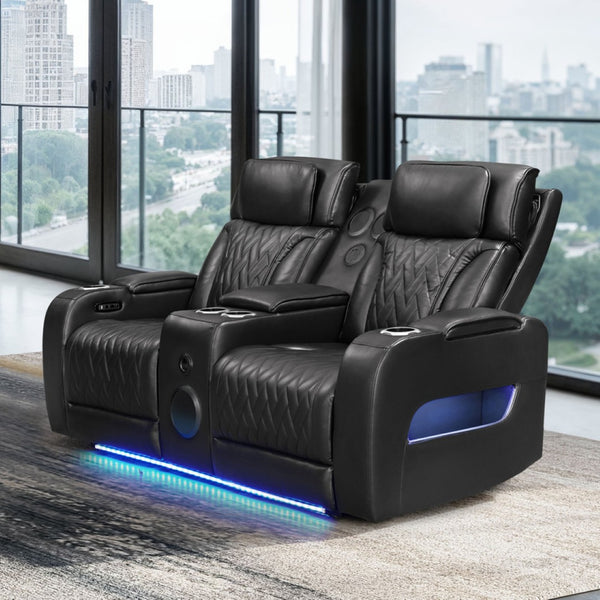 English Elm Jazmina Power Reclining Loveseat with Quilted Leather Aire Bluetooth Speakers and Led Lighting Black B2749P413350